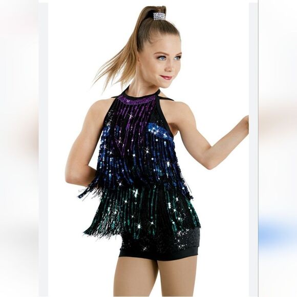 Weissman Sequin Scroll Mesh Fringe Biketard Style 10926 Size S - Picture 1 of 14